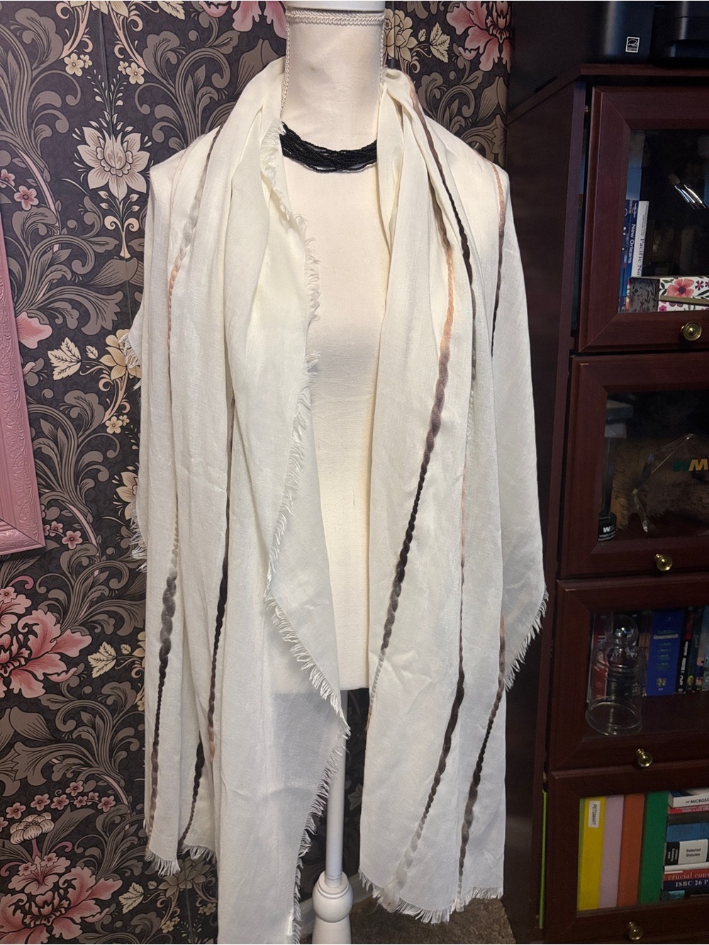 Simply Vera Vera Wang Ivory Fringe Wrap with Brown Stripes
